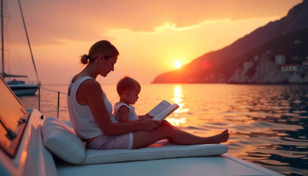 Parent reading during family yacht trip with toddlers in Mediterranean.